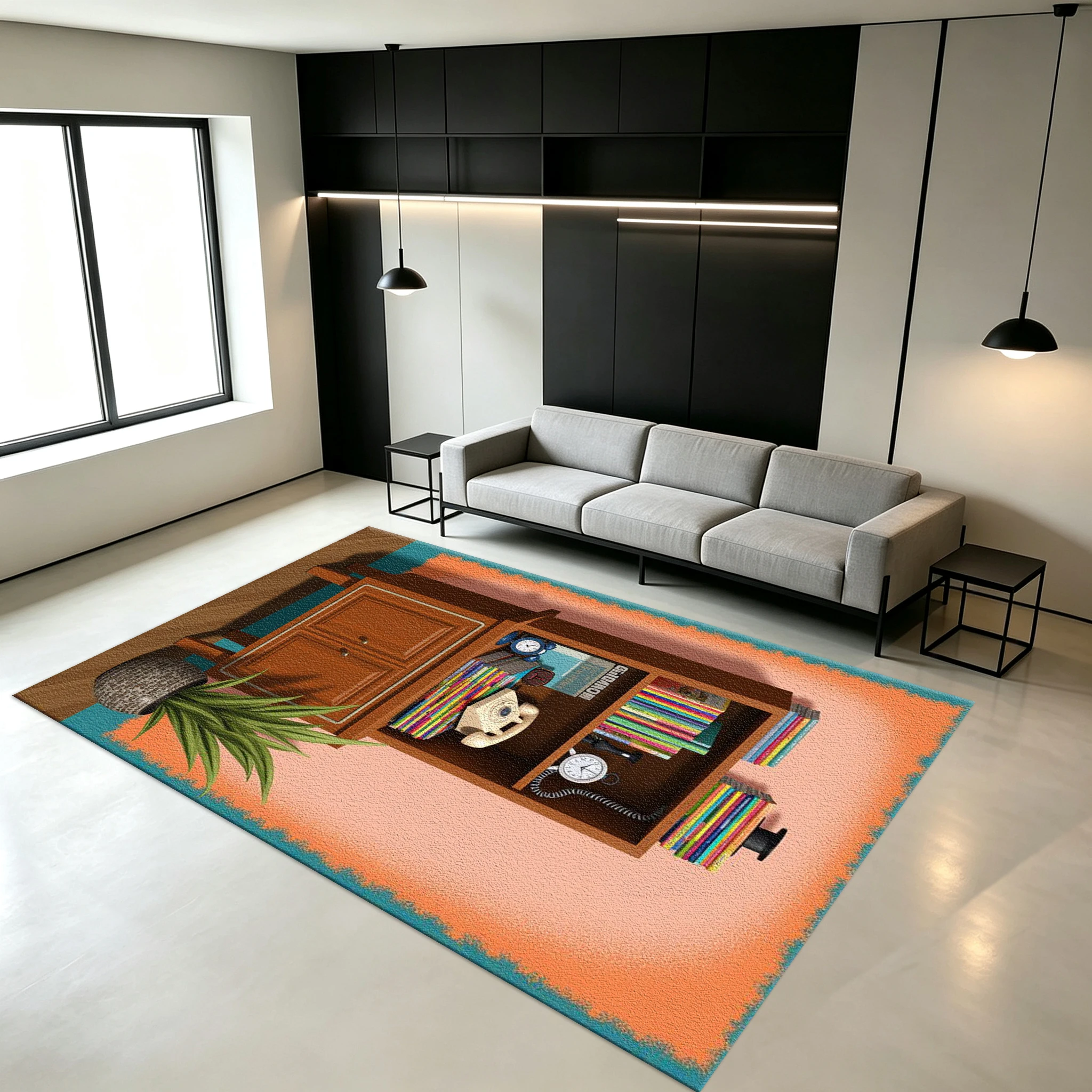 Vintage Bookcase Retro Furniture Scene Carpet Floor 3D Illustration Printed Carpet Non-Slip Floor Mat Suitable for Study Bedroom Home Decoration