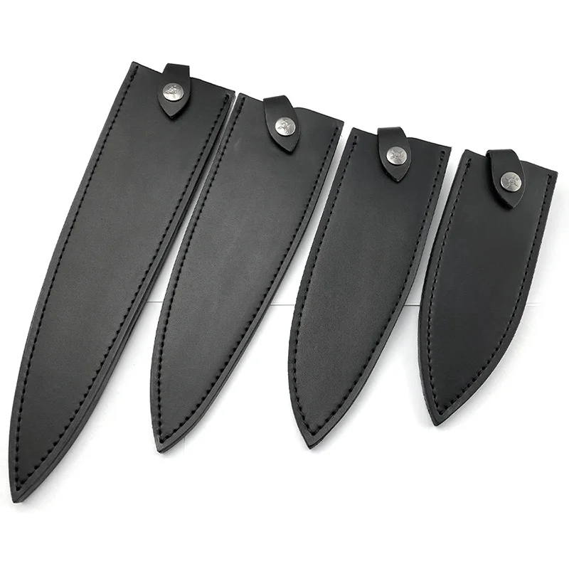 4 SIZE First Layer Leather Genuine Cowhide Chef Straight Knife Sheath Cook Knives Cover Kitchen Scabbard with Buckle Real Black