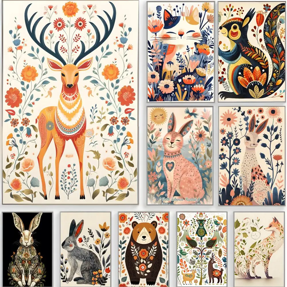 cute artwork n-nordic floral animals Poster Classic Wall Art  Home Decor  Peel and Stick Unframed