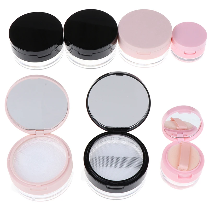 Portable Plastic Powder Box Empty Loose Powder Pot With Sieve Mirror Cosmetic Sifter Loose Jar Travel Makeup Container