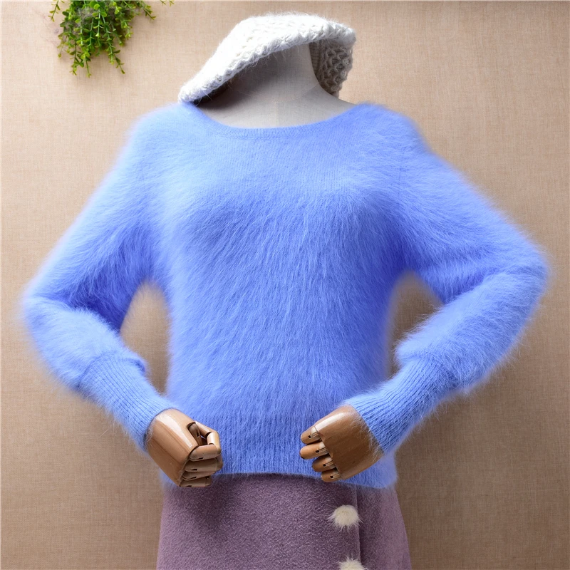 04 Ladies Women Fall Winter Clothing Hairy Colored Angora Rabbit Hair Knitted O-Neck Slim Blouses Pullover Jumper Sweater Pull