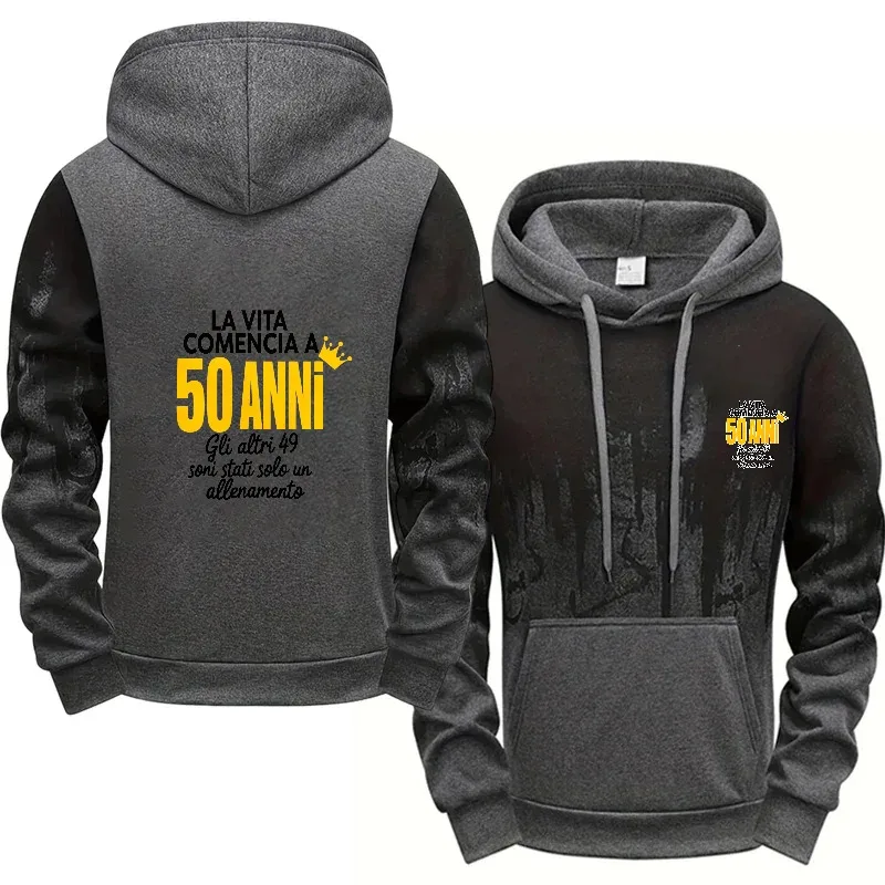 Mens Hoodie Gray Black Printed 50 Years Old Life Starts At 50 Text Design High Quality Cotton Casual Wear Birthday Gift
