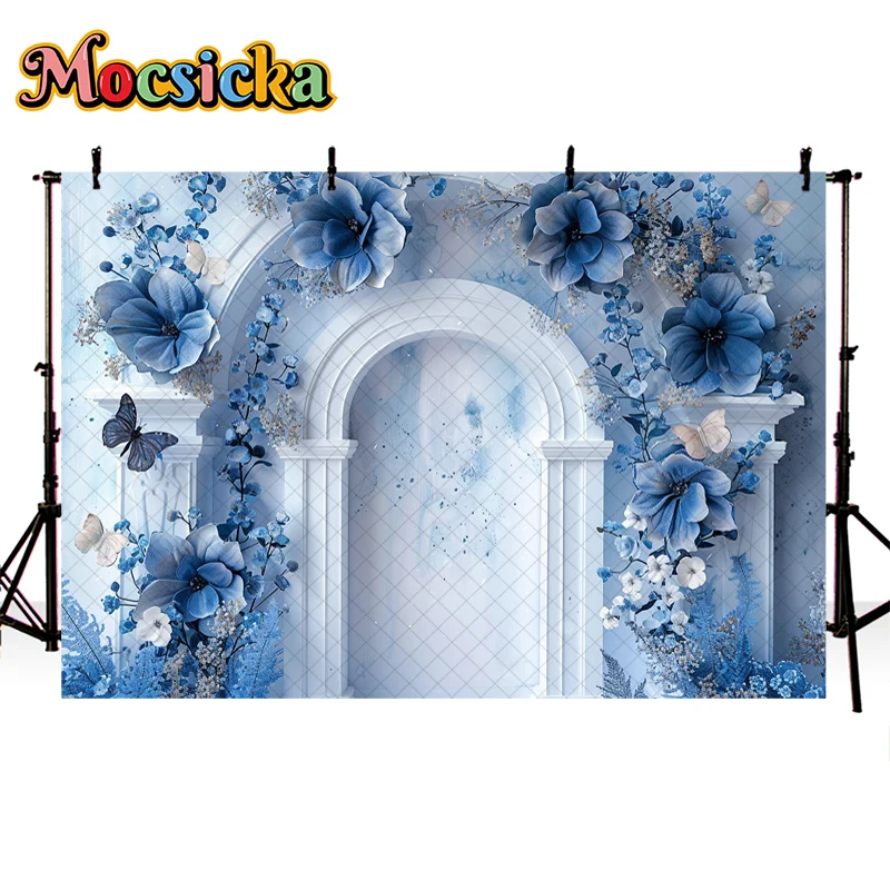 Mocsicka Photography Background Blue Butterfly Floral Arch Decor Birthday Wedding Cake Smash Kids Portrait Backdrop Photo Studio