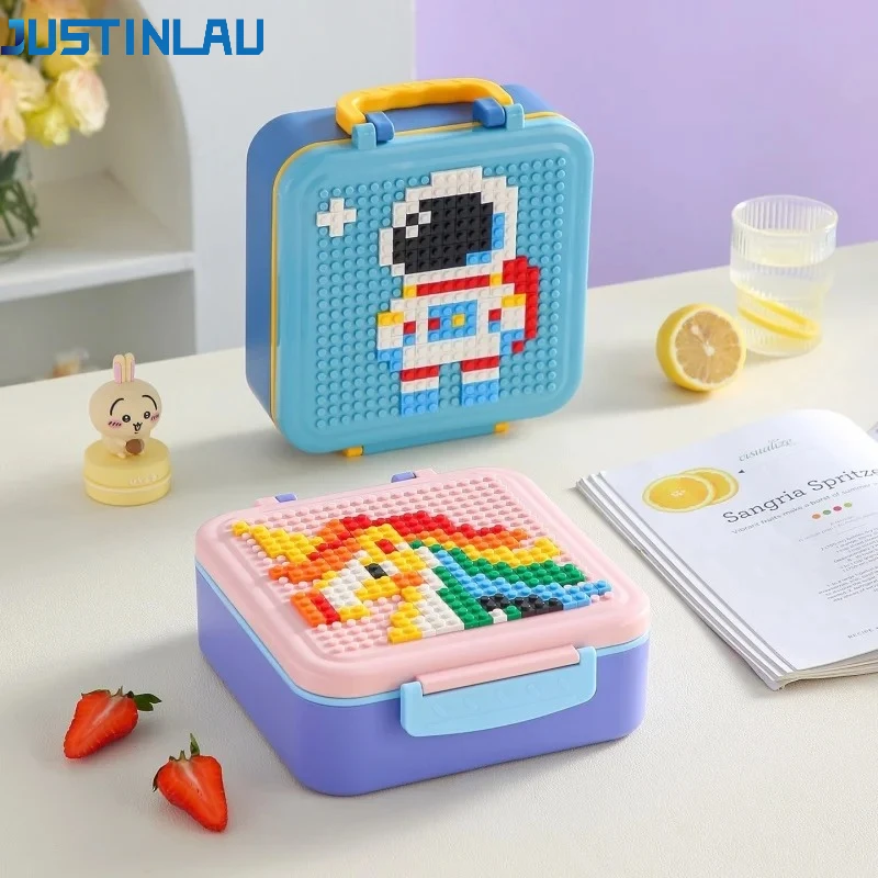 JUSTINLAU Creative Building Blocks Lunch Box Portable Handheld Plastic Divided Bento Box with Fork& Spoon Tableware for Students