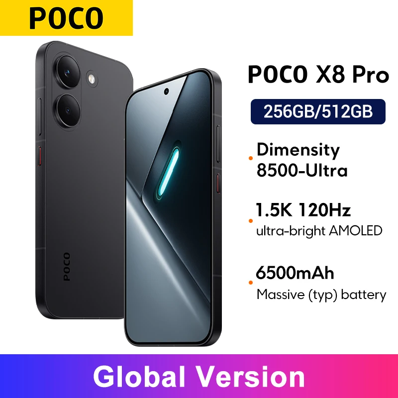 Смартфон POCO X8 Pro Global Version с экраном 6.59 дюйма 1.5K, AMOLED-дисплеем 120 Гц, 50 МП камерой и процессором Dimensity 8500-Ultra, батарея 6500 мАч.