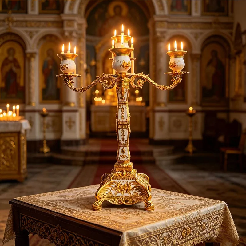 New Premium Gold Plated Liturgical Candelabra with White Enamel and Floral Accents for Church Altar Vigil and Home Prayer Use