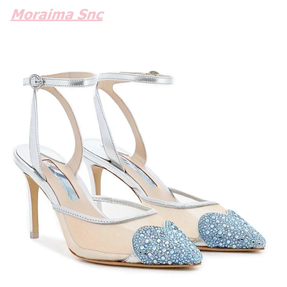 2025 Summer Sweet Women\'s Sandals Pointed Toe Diamond Love Leather Buckle Strap Cute Hollow PVC Comfortable Wedding Dress Shoes