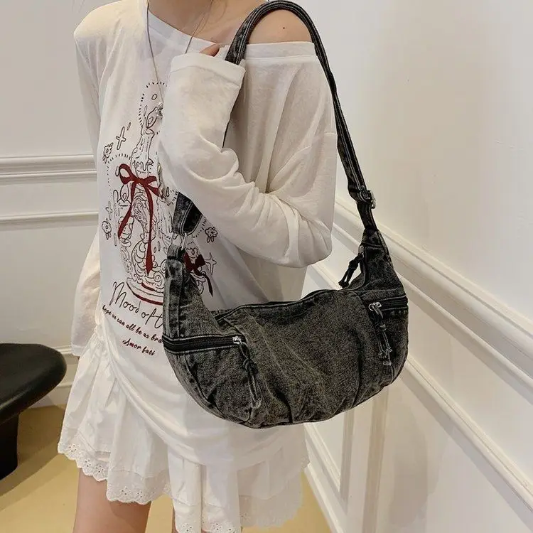 

JIAERDI ретро Harajuku джинсовая сумка-тоут женская морщинистая большая вместительная сумка на плечо женская модная повседневная сумка через плечо для поездок на работу 2025