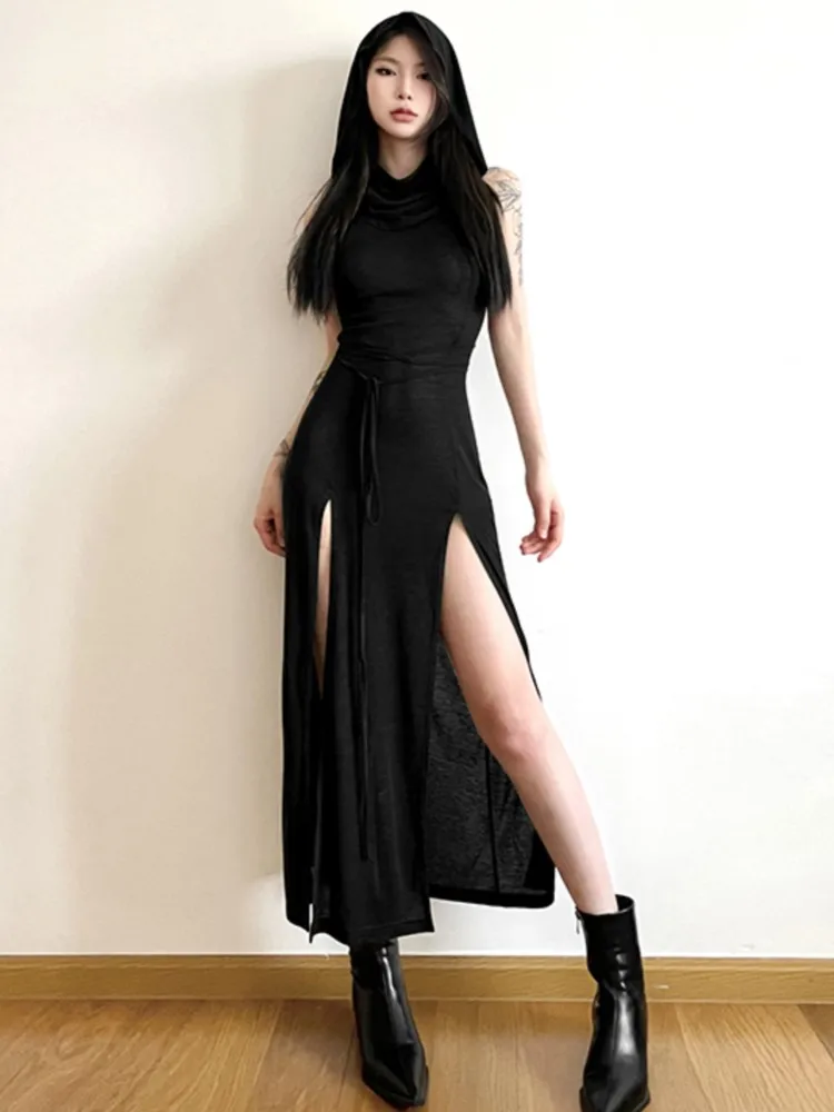 Black Y2k Hooded Sleeveless Long Dresses Women Lace Up Cut Out Backless Dress Streetwear Summer High Split Vestidos Cool Girl