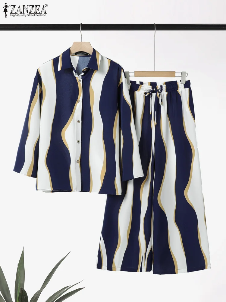 

ZANZEA 2025 модные женские винтажные комплекты брюк в полоску с принтом, осенние комплекты из 2 предметов, рубашка с длинными рукавами и брюки, повседневные свободные наряды из двух предметов