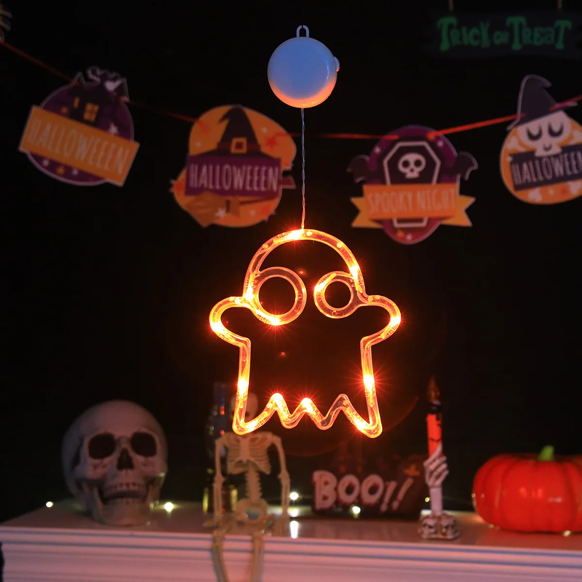 3D Acrylic Horror Silhouette Halloween Hanging Lights, Battery Operated Orange Glow Lamp, Bar Spooky Scene Atmosphere Decoration