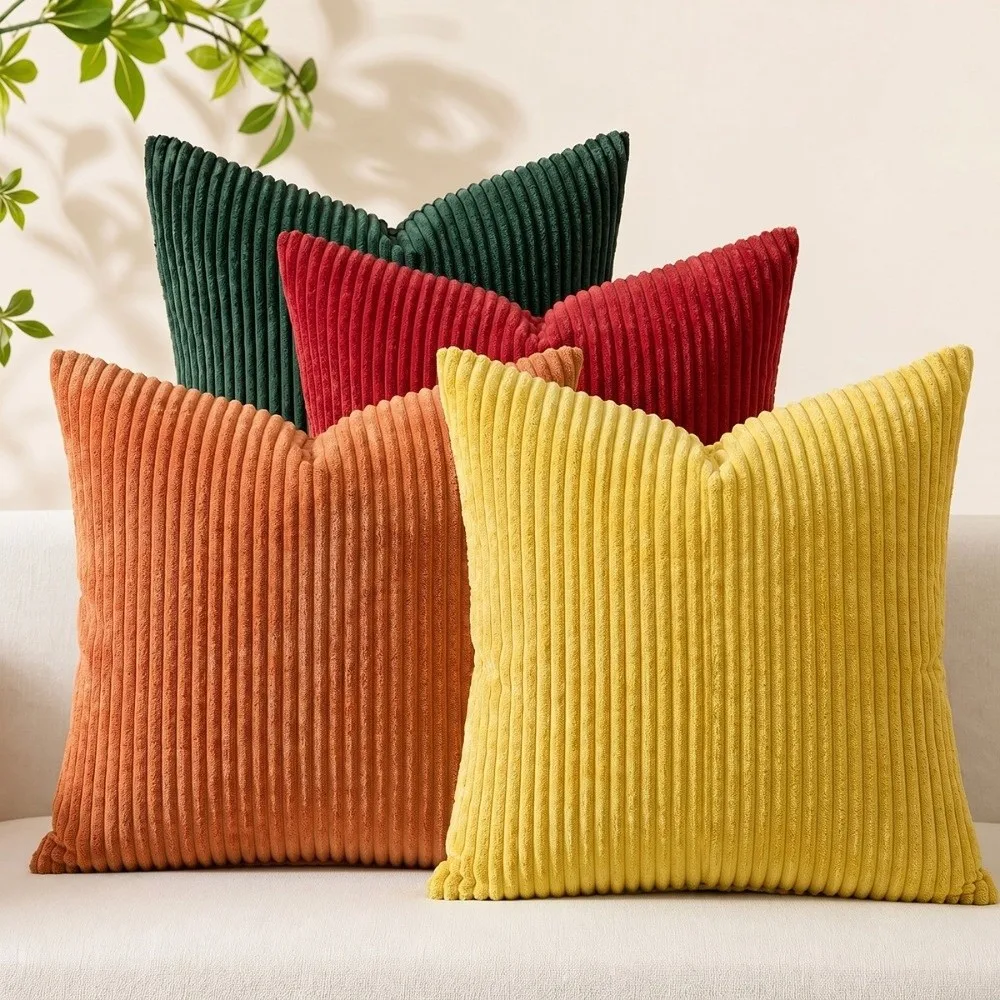 Classic Striped Corduroy Cushion Cover 45x45 Size Zipper Closure Throw Pillow Cover Solid Color Plushie Pillowcase Bed Decor
