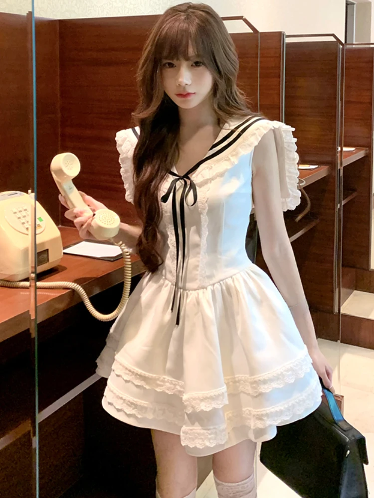 Japanese Lolita Mini  Dress Female Evening Party Kawaii Dress Women Lace Sleeveless Dress Korean Fashion Summer 2000s Vintage