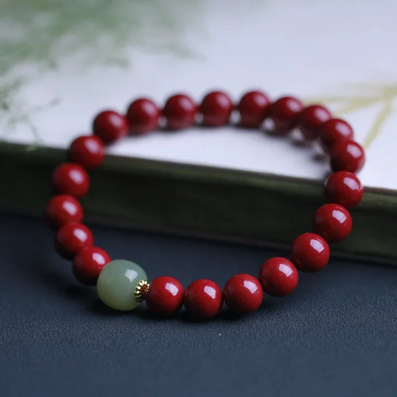 Natural Zijin Cinnabar Round Bear Bracelet with Qingshui Old Beads Simple Men's and Women's Bracelet Jewelry