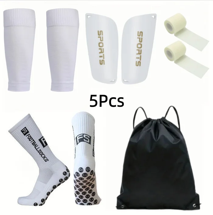 5-teiliges Fußball-Set: Neue Kordelzugtasche, Beinschutz, Outdoor-Fußballsocken, Beinabdeckung, Rutschfester Griff, Fußball-Sportbandagen-Set