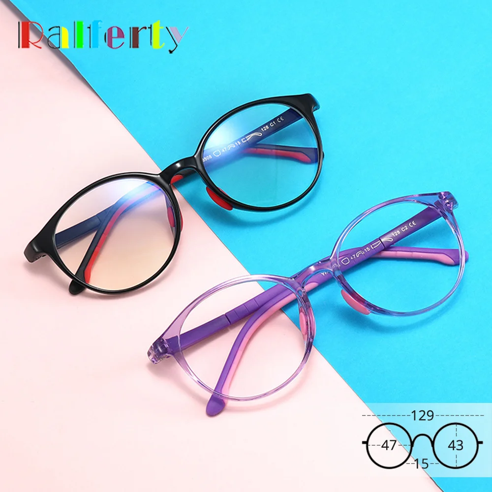 Ralferty TR90 Child Eyeglasses Frames Girls Boys Round Clear Optic 0 Diopter No Prescription Anti Blue Light Glasses Frame Kids