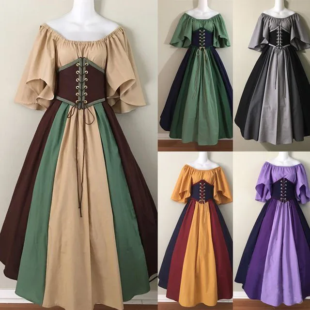 Medieval Retro Contrasting Color Slim-fitting Skirt Flying Sleeves Big Swing Skirt One-word Shoulder Dress  Costume Performance