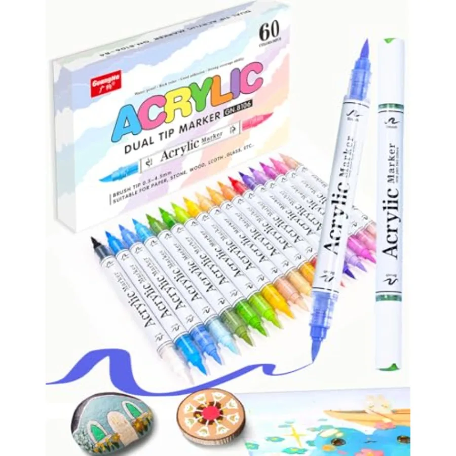 

Dual Tip, 30 Pcs 2 Colors in 1 with Soft Brush Tips and Double Ink Capacity, Paint Markers for Rocks, Canvas, Wood, Fabric, Gla