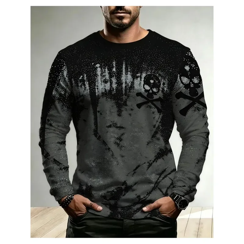 3D Printed Casual Long Sleeve Men Gothic Skull T Shirt 2026 Avant Garde Black White Round Neck Top Autumn Winter Daily Wear