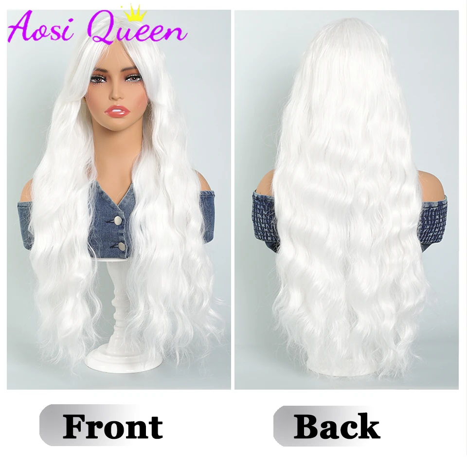 Long Water Wave Wig with Bangs White Colorful Cosplay Silky Wig for Women Daily Party Natural Soft Synthetic Hair Heat Resistant