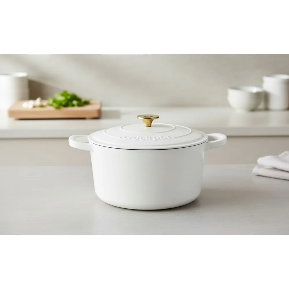 

7-Quart Enameled Cast Iron Dutch Oven - Matte White with Gold Knob, Oven Safe 450°F, Induction Compatible