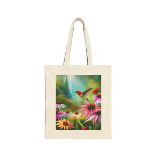 Polarshe Cotton Canvas Tote Bag Hummingbird in Coneflowers Fantasy Design 4, Gift