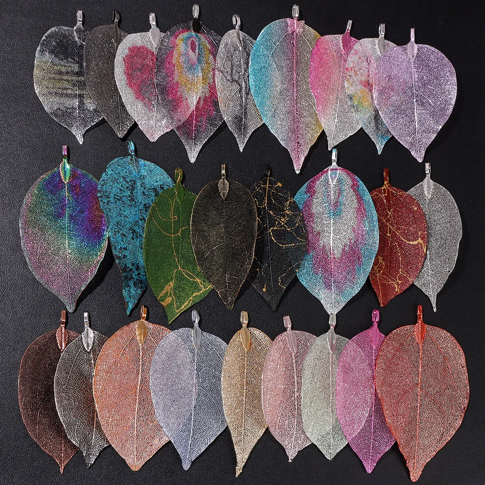 

5Pcs Natural Leaf Pendants Colorful Electroplated Hollow Flat Leaves Charms For Making Necklace DIY Jewelry Earrings 40-60mm