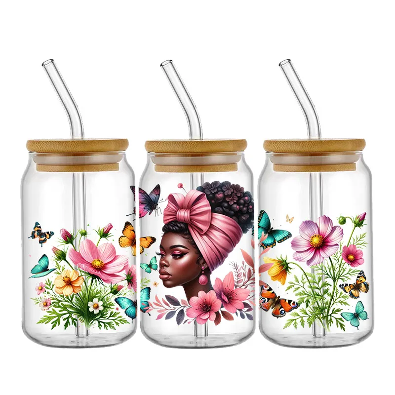 Custom Stickers Butterfly UV DTF Cup Wrap Flowers Transfers Stickers DIY Labels Selfadhesive Waterproof For 16OZ Glass Libbey