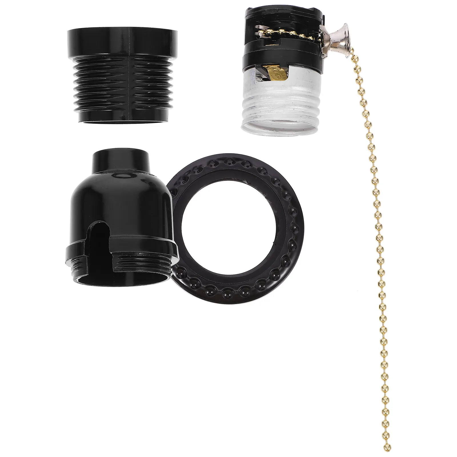 E27 Plastic Lamp Base Adapter Black Screw Socket Lamp Holder with Pull Switch Ring Thread Removable Collar for Vintage Pendant