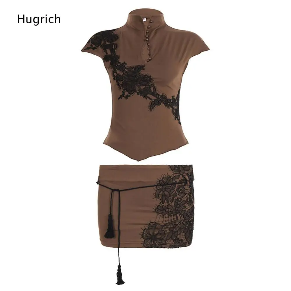 Slim Fit Lace Patch Two Piece Set Short Sleeve Beaded Stand Neck Crop Top Low Waist Tassel Wrap Mini Skirt Casual Outfit
