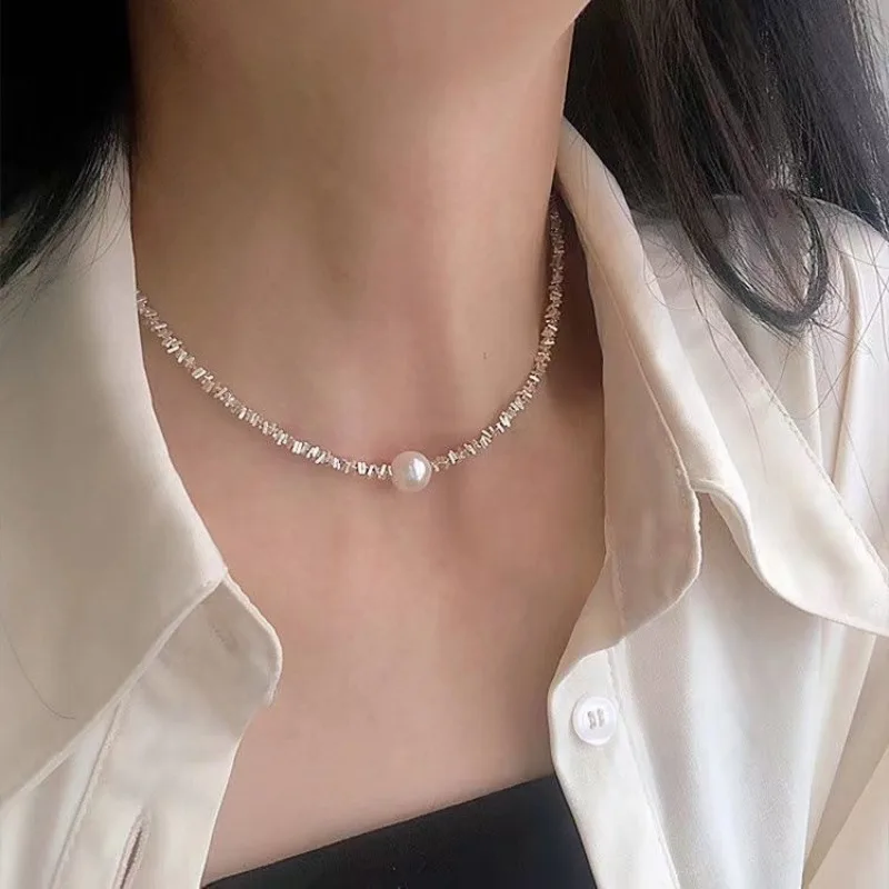 

Ins Bling Silver Color Water Wave Chokers Necklaces Round Pearl Collarbone Chain Collar For Women Lady Every Day Jewelry Gift