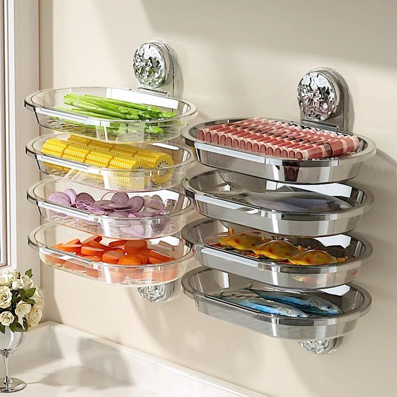 Suction Cup Vegetable Preparation Shelf Kitchen Wall Mounted Vegetable Meal Preparation Storage Rack Household Multi-Layer