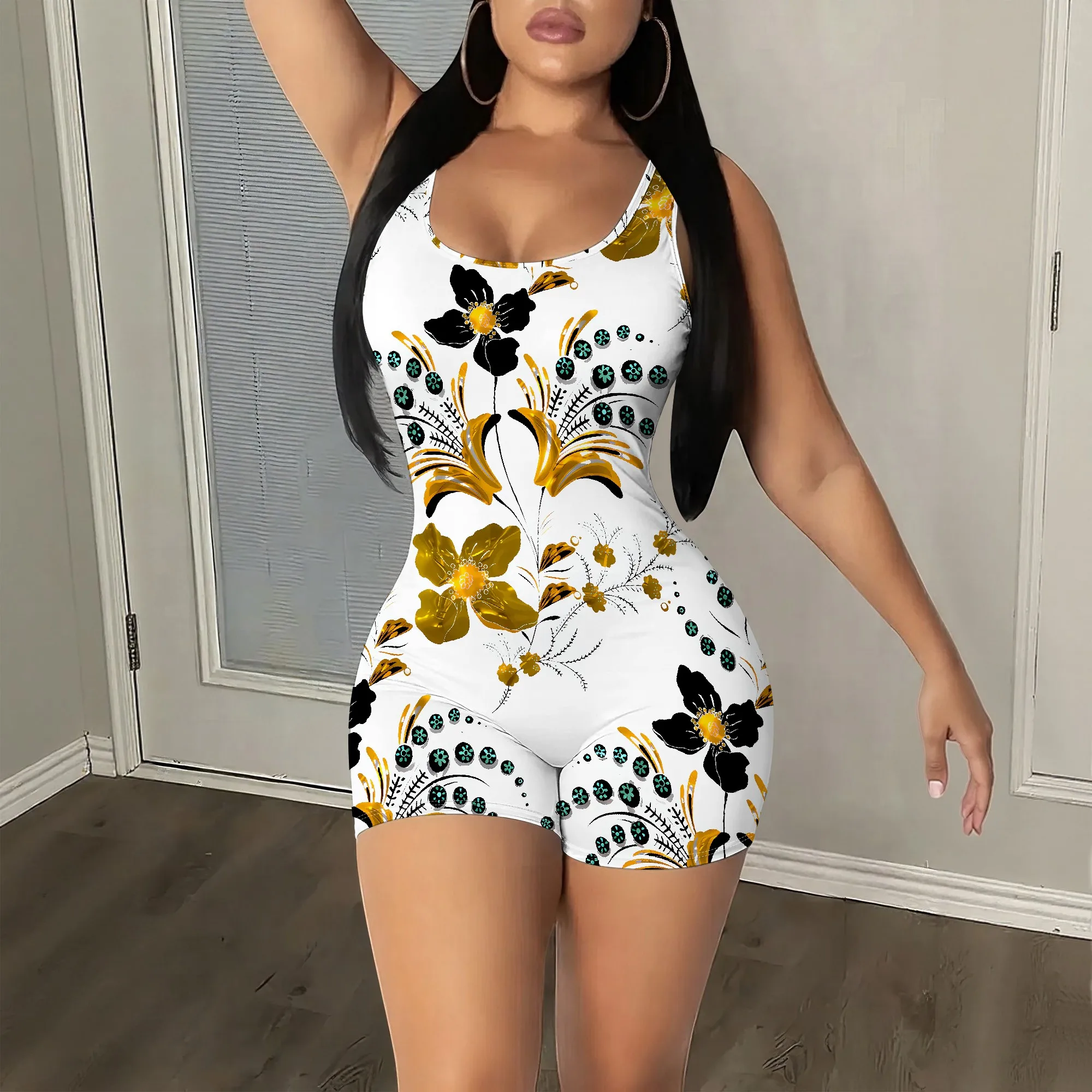 

Floral Romper, Sleeveless Playsuit, Summer Jumpsuit, White Black Gold Print, Vacation Beach Outfit, S-2XL