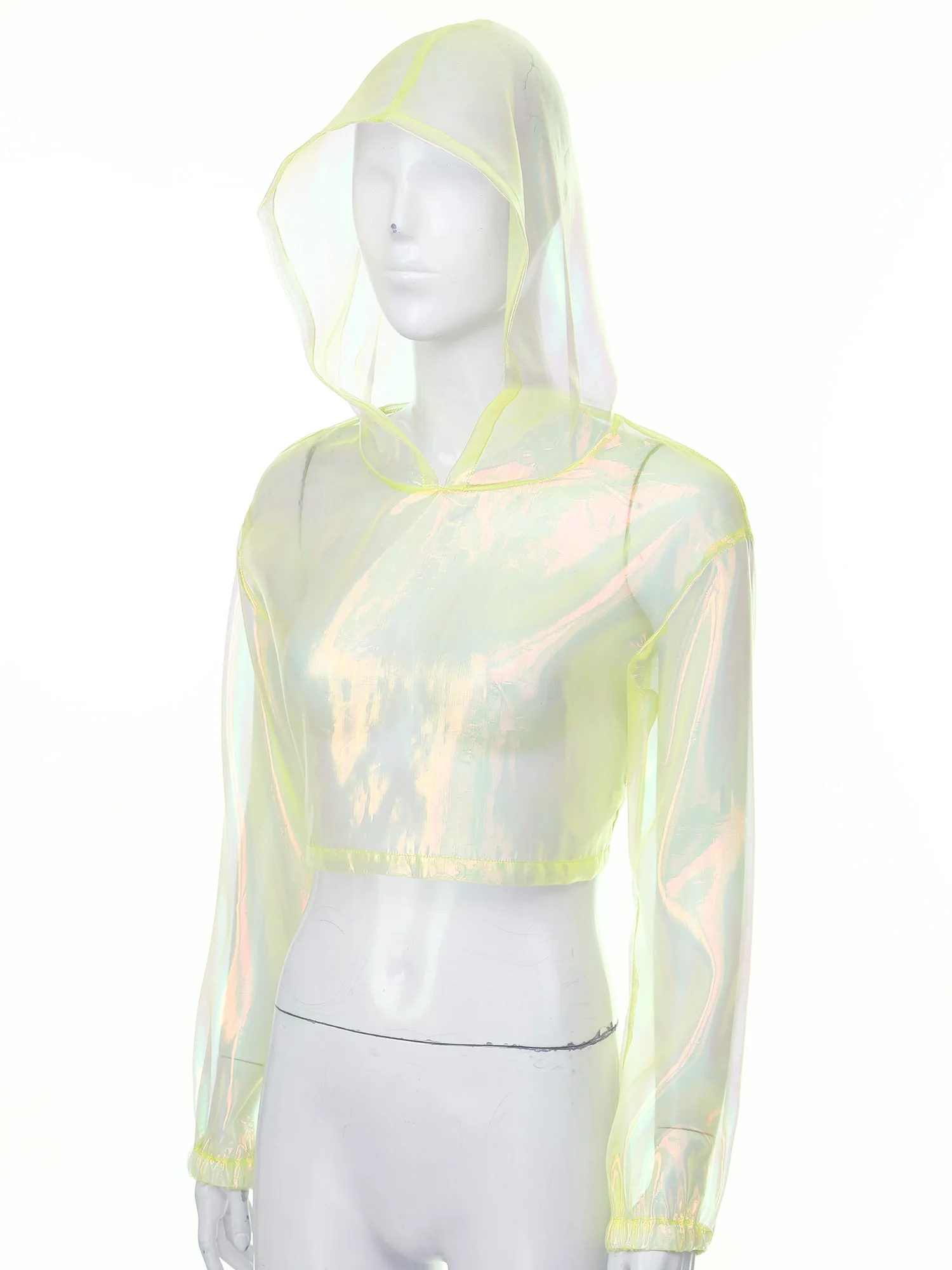 

Women Sparkly Transparent Sheer Tops Hooded Long Sleeve Cropped Tops Loose Tops Fashion Pullover Tops Rave Party