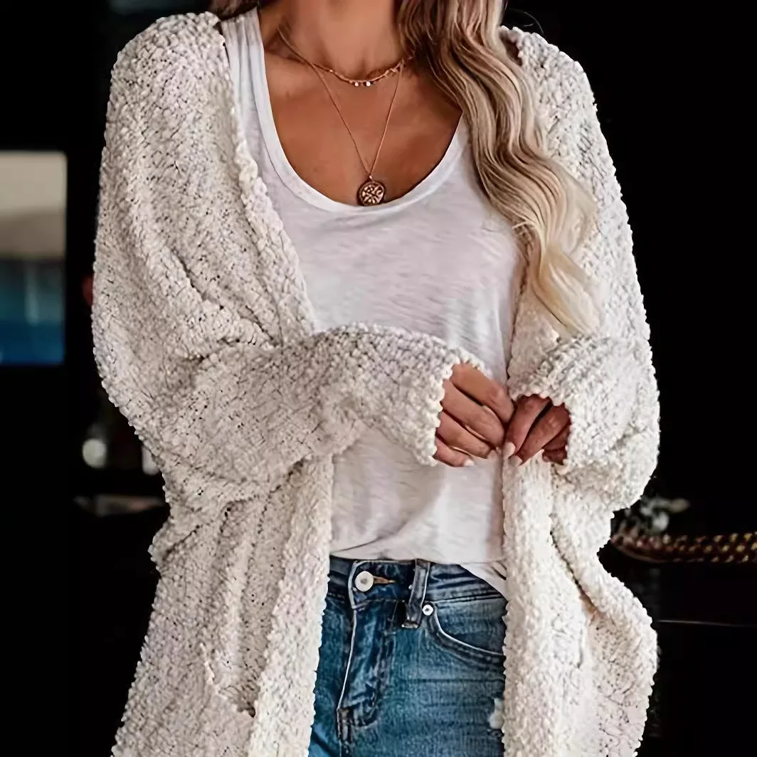 

Women's Coat, Fashionable and Versatile Knit Sweater, Double Pocket Buttonless Cardigan Granular Plush Sweater
