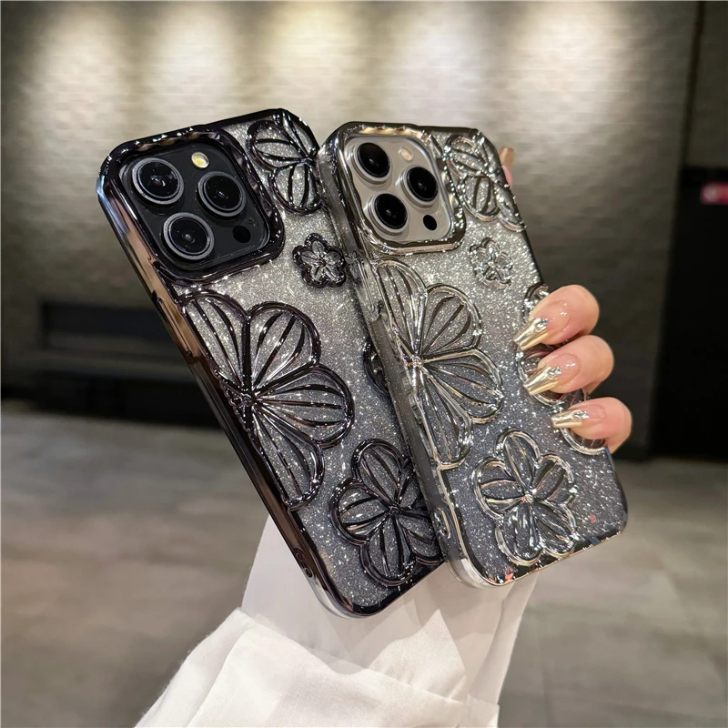 For iPhone 15 Pro Max Luxury Flash Glitter Flowers Plating Frame Phone Case For iPhone 11 12 13 14 15 16 17 Air Protective Cover - náhled 3