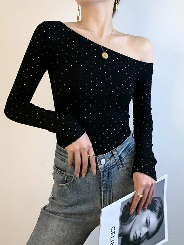 

Slimming Bla Rhinestone oulder Sexy Top Women's Design One oulder Spring New Sle T-irt Comfortable Long Sve Crew...