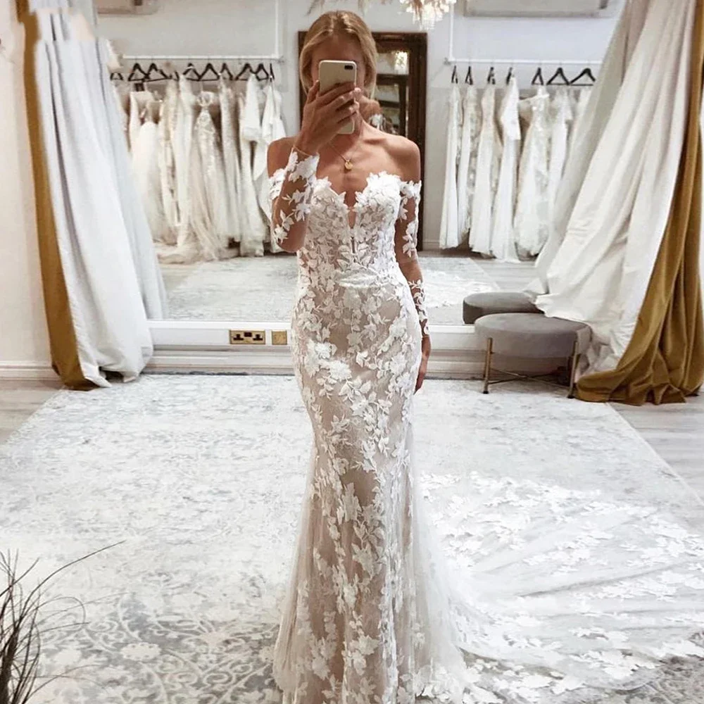 

Customized Mermaid wedding Dress For Women Lace Appliques Off The Shoulder Long Sleeves Sweetheart Bride Vestido De Casament