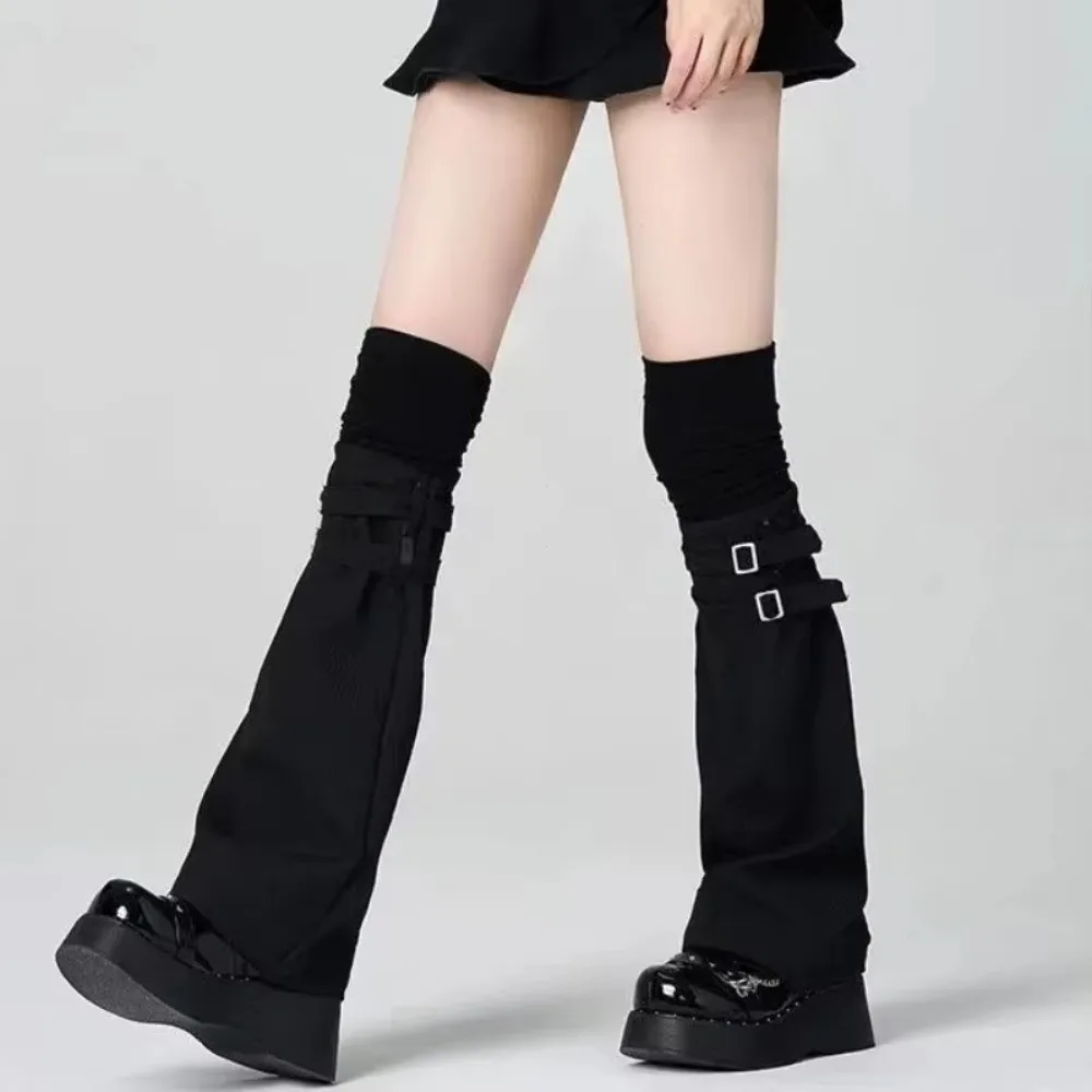 Sweet Y2K Knee Over Socks Keep Warm Leather Buckle Leg Warmers Black White Harajuku Socks Women Girls