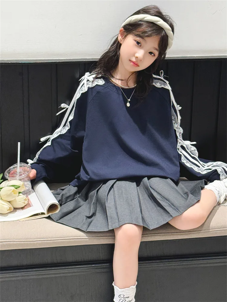 2025 Spring New Sets Lace Patchwork Tops + Skirts 2pcs Suits Girl Long Sleeve Hoodie Loose Tops Teenage Clothes 6-16Y Wz1390