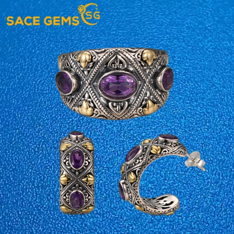 

SACE GEMS New 925 Sterling Silver Resizable Luxury Natual Amethyst Rings for Women Engagement Cocktail Party Fine Jewelry Gift