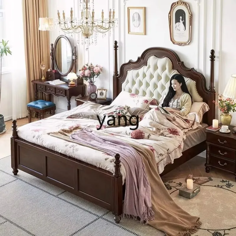 LMM retro solid wood leather soft bag high backrest 1.8 meters high-end atmosphere master bedroom furniture big bed