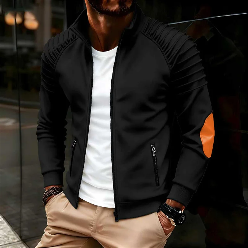 Men's high-neck zip-up casual bomber jacket with side pockets, solid color, pleated design, autumn/winter everyday outerwear.