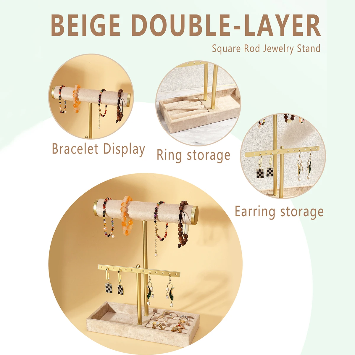 2-Tier Jewelry Organizer with Beige Velvet Elegant Bracelet, Earrings display standSturdy T-Bar Construction for Home, Boutique