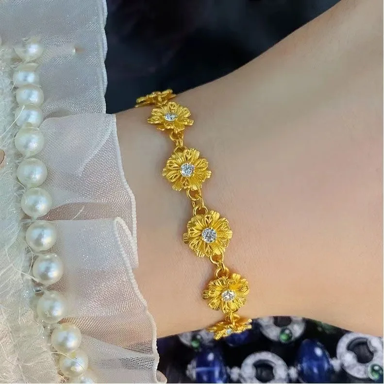 Luxury 24K 9999 Pure Gold real gold Women's Diamond-studded Apricot Bracelet
