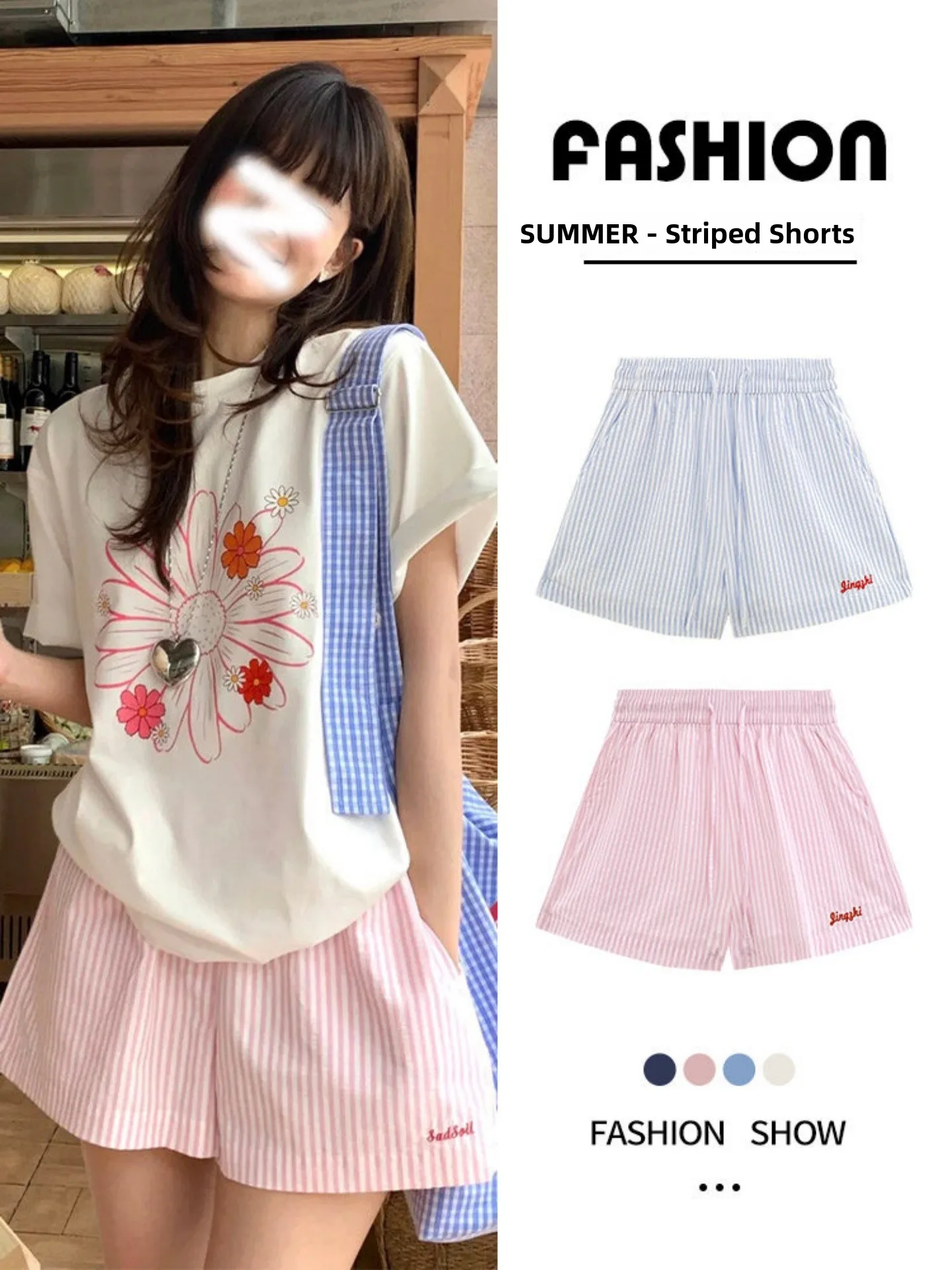 Summer Casual Stripe Embroidery Shorts Women's Loose Wide Leg Pants High Waist Elastic Waistband Beachwear Three-quarter Length