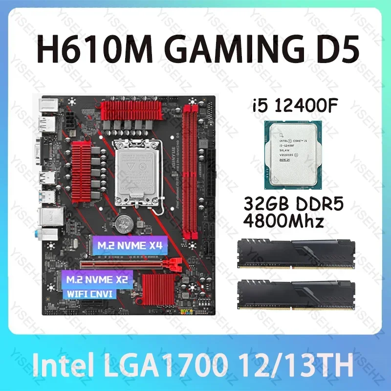 JGINYUE H610 Motherboard Kit I5 12400F LGA1700 2*16GB=32GB 4800MHz DDR5 Dual Channel Memory RAM Support M.2 NVME H610M GAMING D5