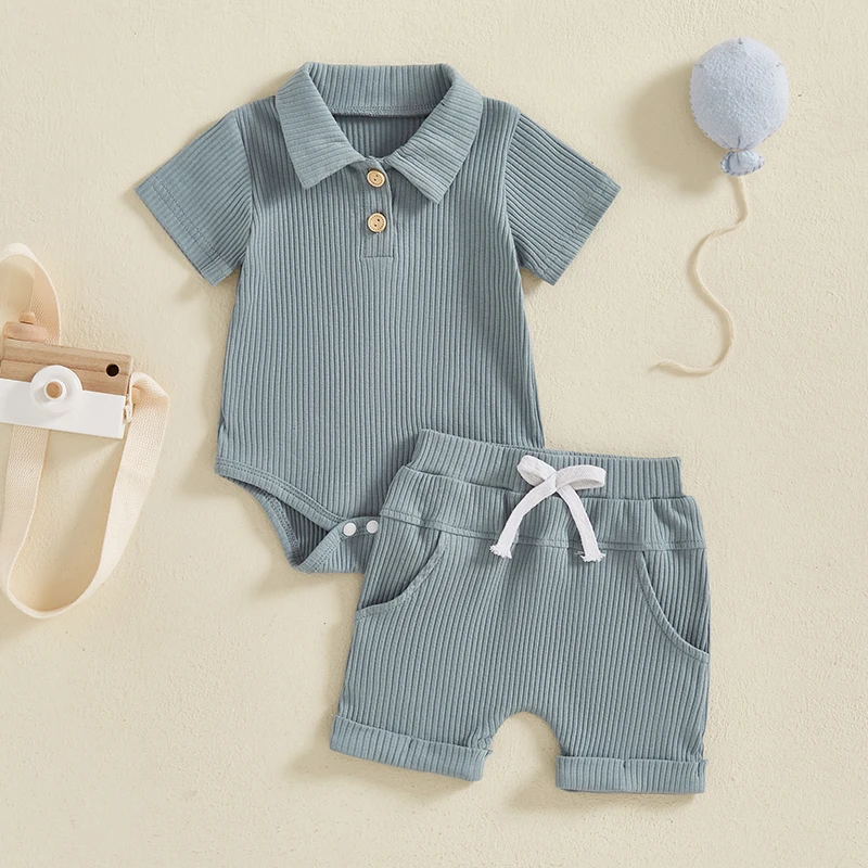 2026 New Lioraitiin Newborn Baby Boys 2Pcs Summer Outfits Short Sleeve Lapel Collar Romper + Shorts Set Clothes