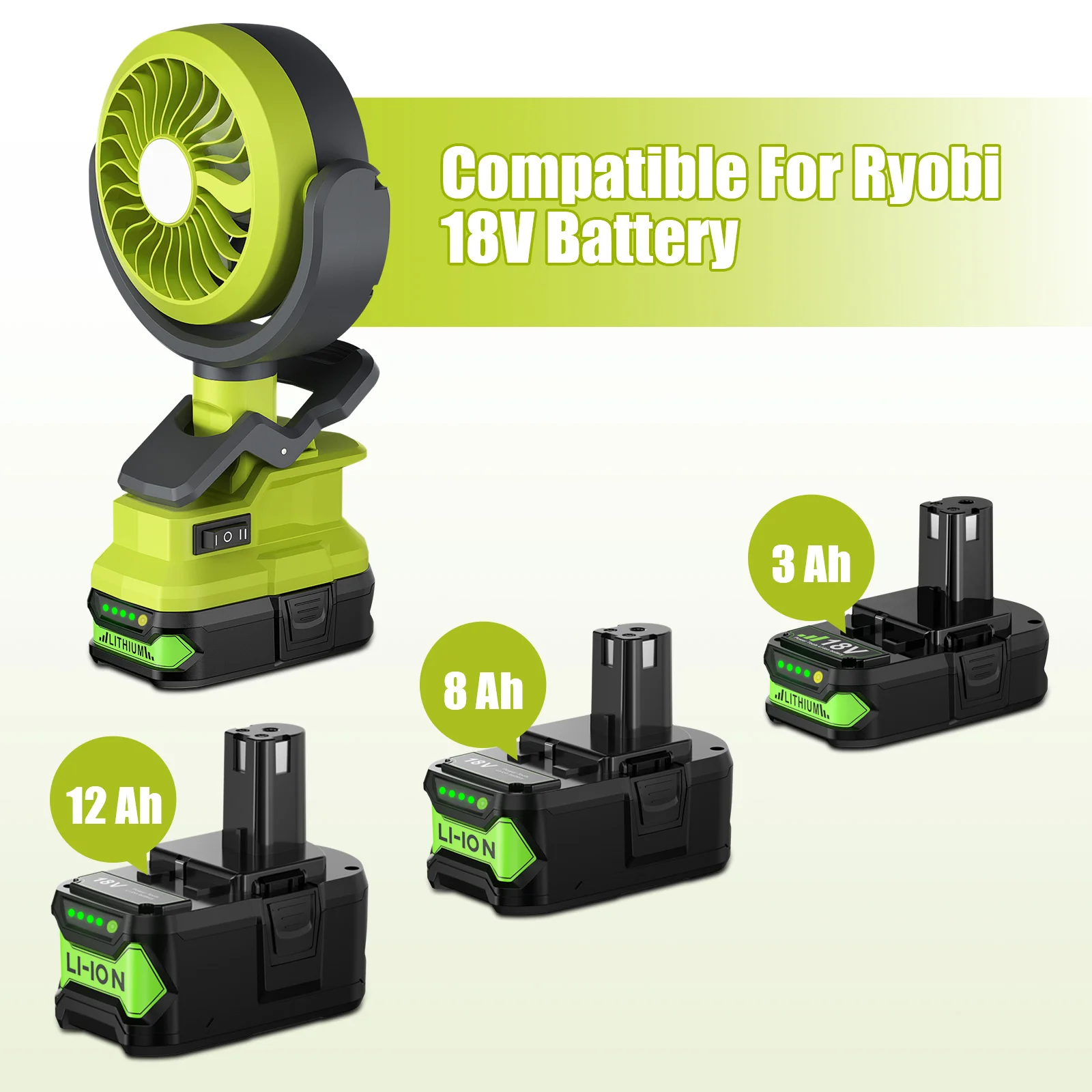 Nananuu Cordless Fan For Ryobi P108 18V Battery Portable Wireless fan Fan Light 2 in 1 Suitable Various Scenarios (NO Battery)
