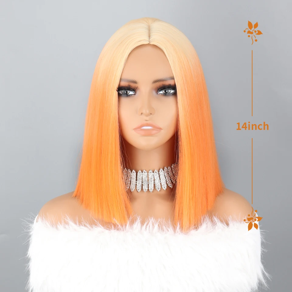 Colorful Wig Short Straight Bob for Women Ombre Ginger Synthetic Wig Blonde to Orange Middle Part Replacement Hair Wig for Daily